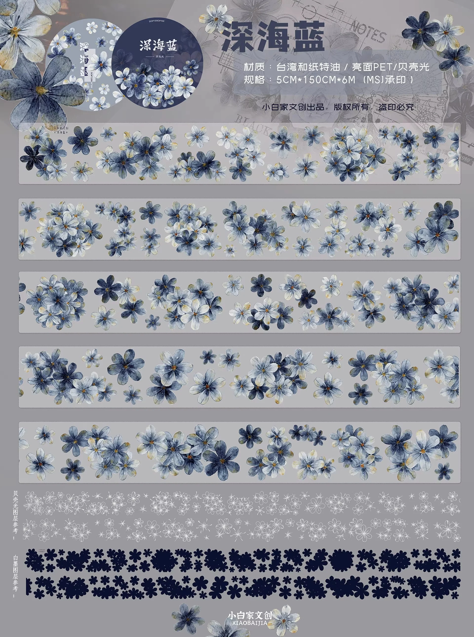 Deep Sea Blue Vintage Blue Black Floral Washi PET Tape - Image 10