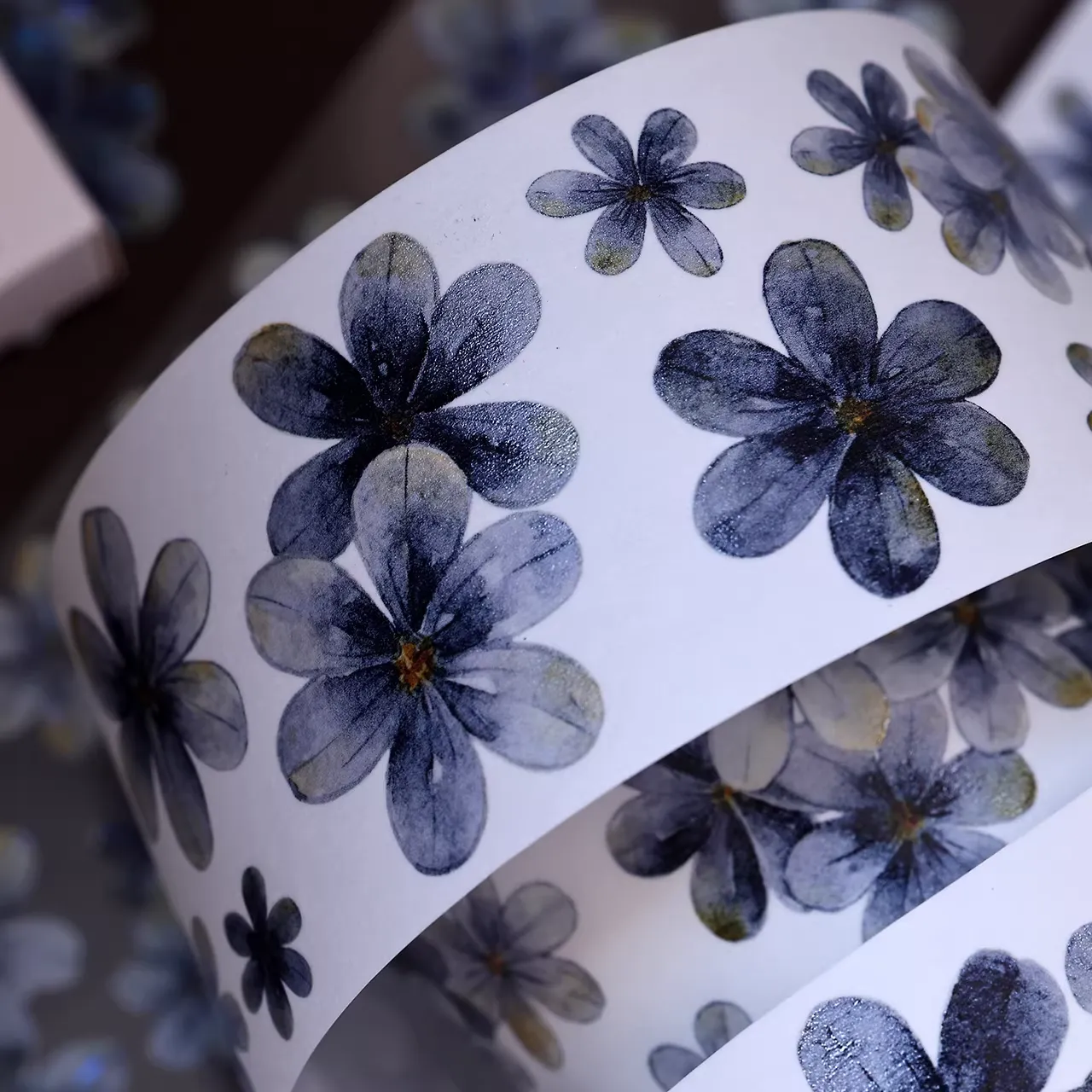 Deep Sea Blue Vintage Blue Black Floral Washi PET Tape - Image 4