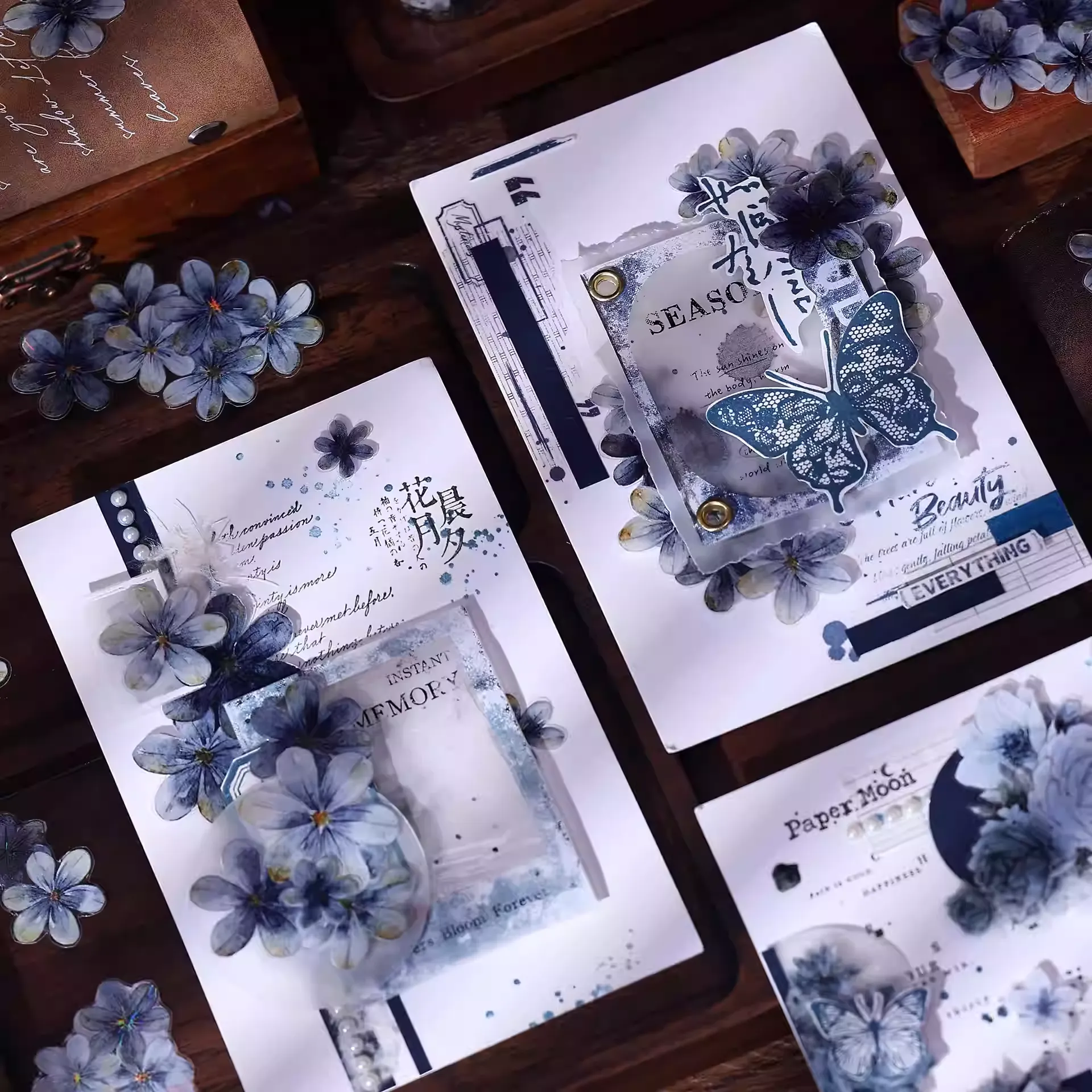 Deep Sea Blue Vintage Blue Black Floral Washi PET Tape - Image 8