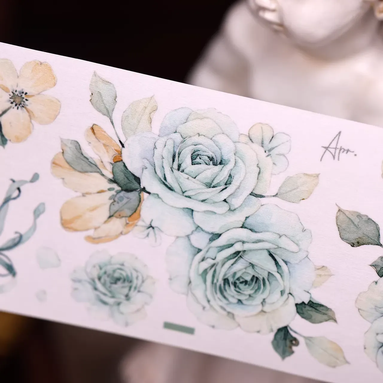 Mint Green Vintage Floral Washi PET Tape - Image 3
