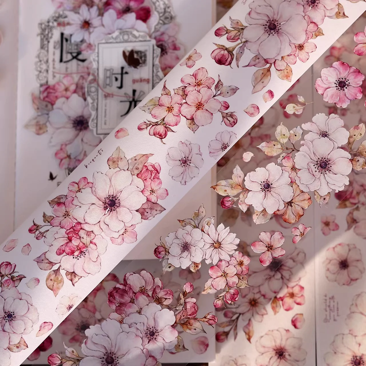 Peach Blossom Retro Pink White Big Flower Washi PET Tape - Image 2