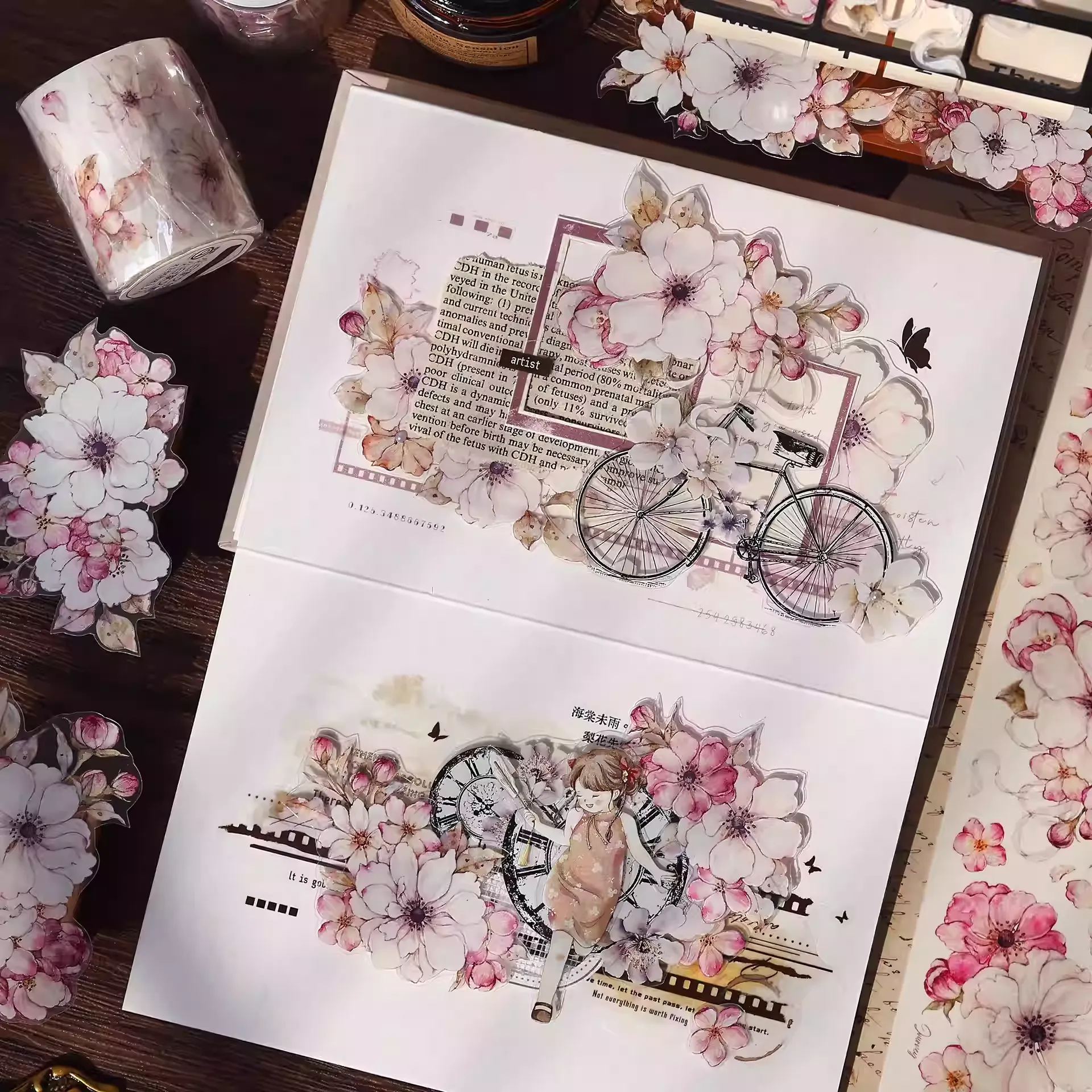 Peach Blossom Retro Pink White Big Flower Washi PET Tape - Image 3