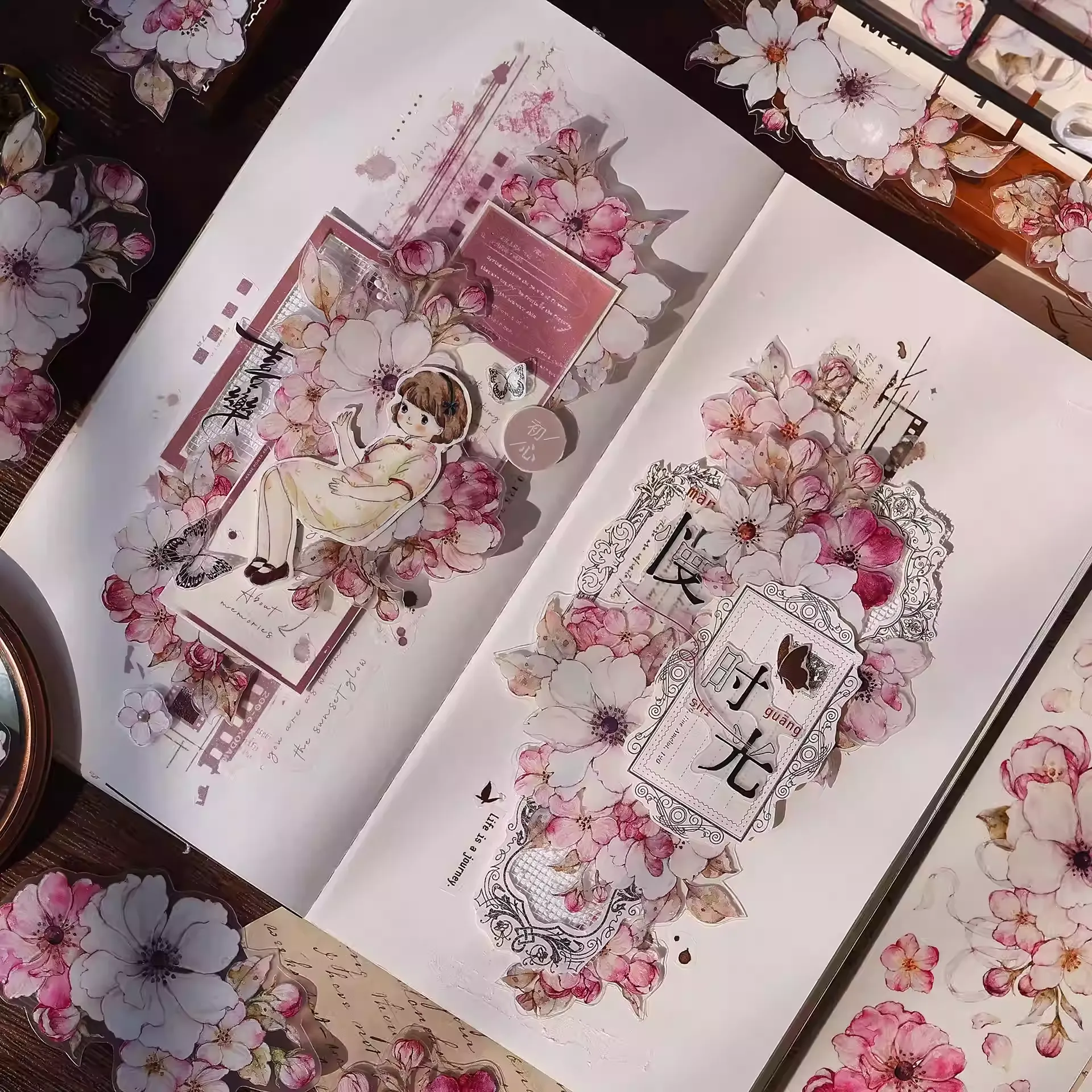 Peach Blossom Retro Pink White Big Flower Washi PET Tape - Image 4