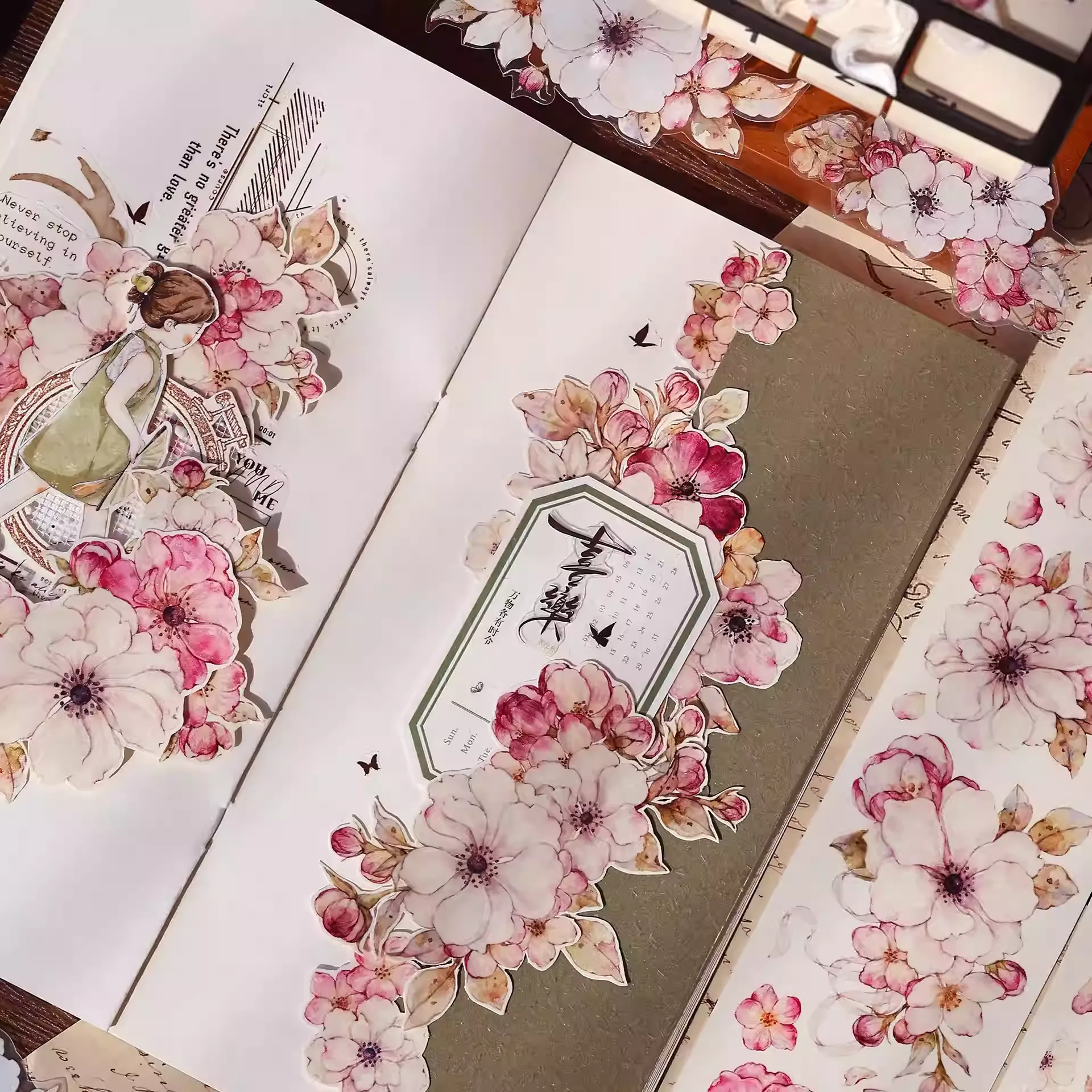Peach Blossom Retro Pink White Big Flower Washi PET Tape - Image 5