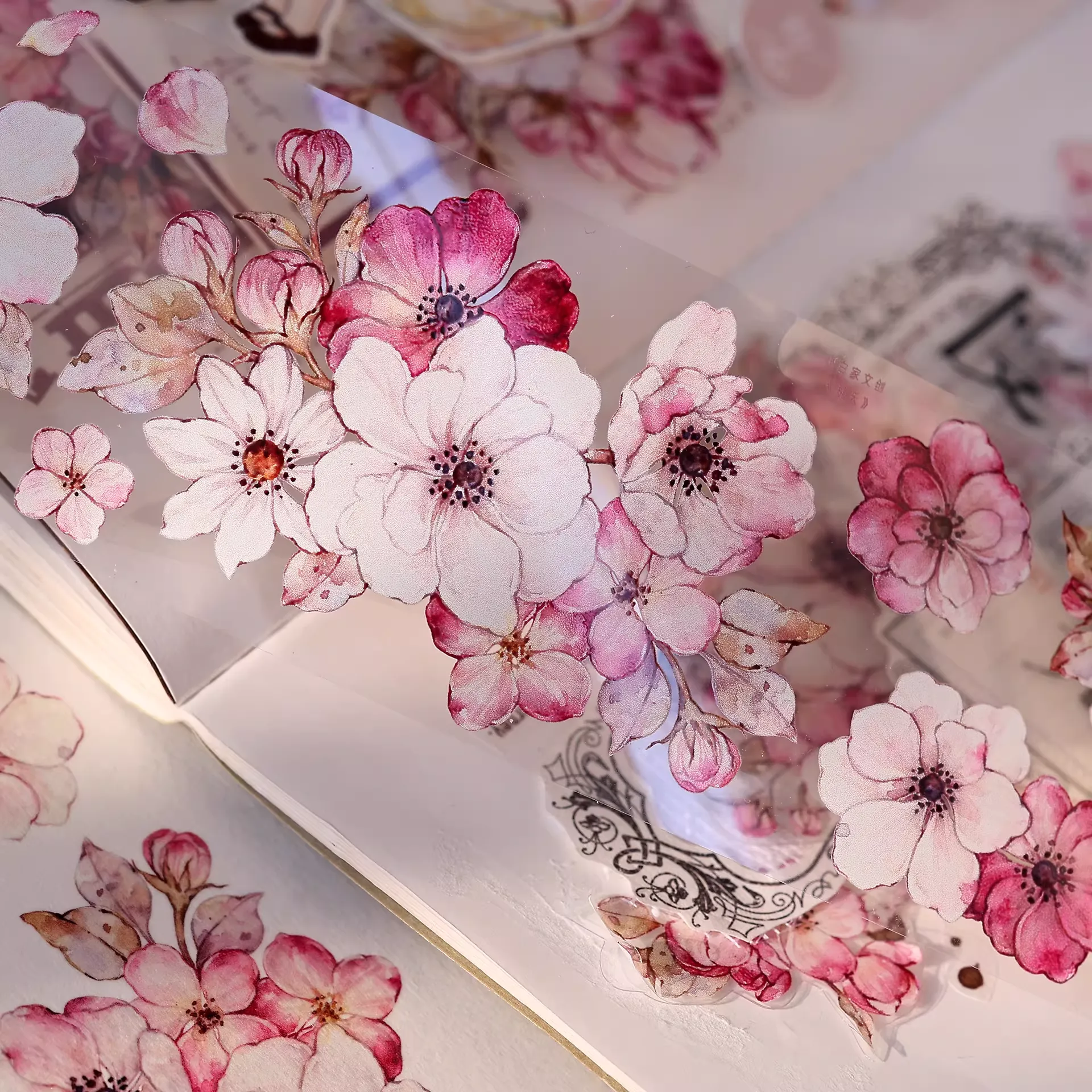 Peach Blossom Retro Pink White Big Flower Washi PET Tape - Image 6
